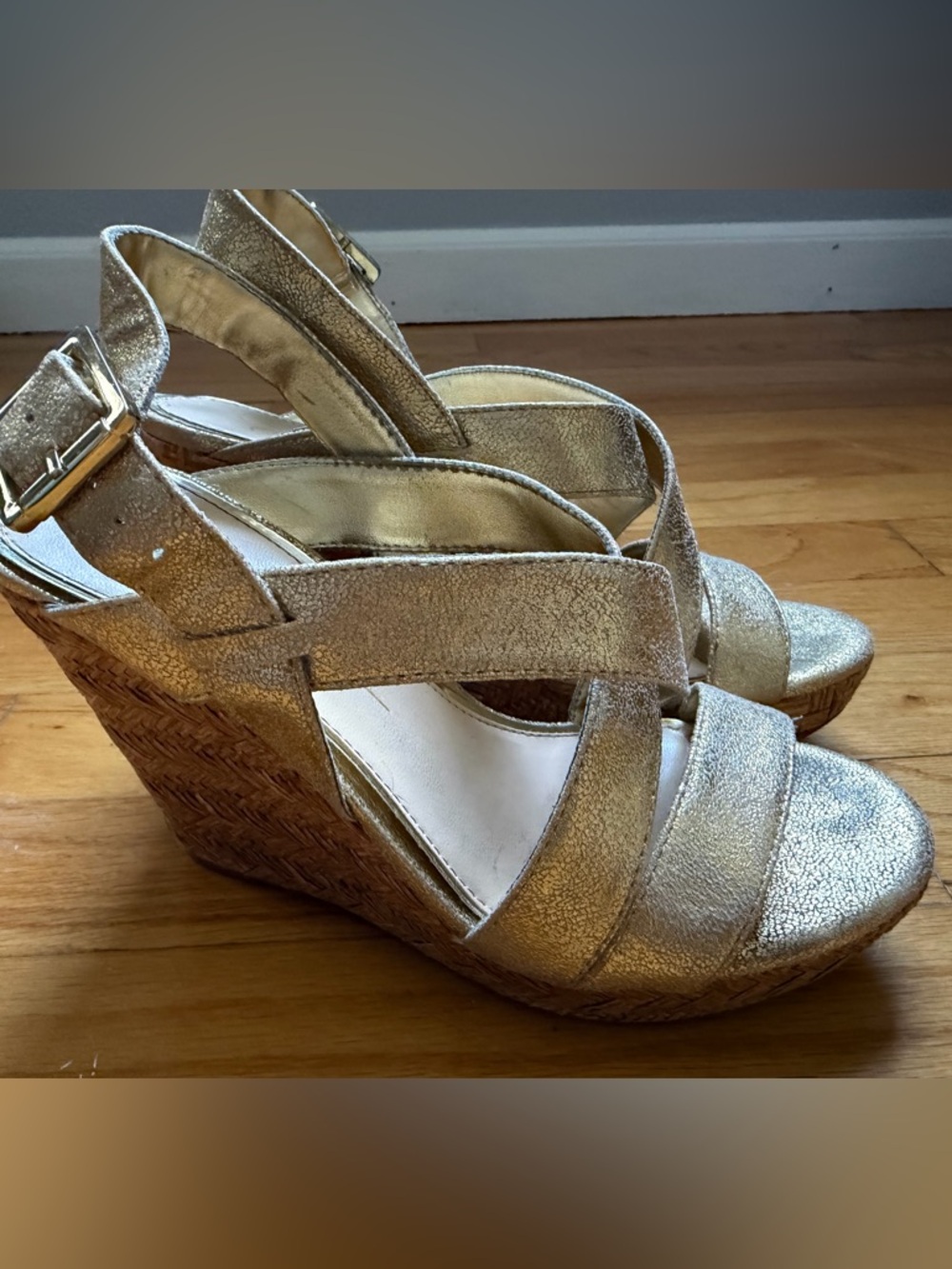 Jessica Simpson Metallic Gold Wedge Sandals with Cross-Strap Design